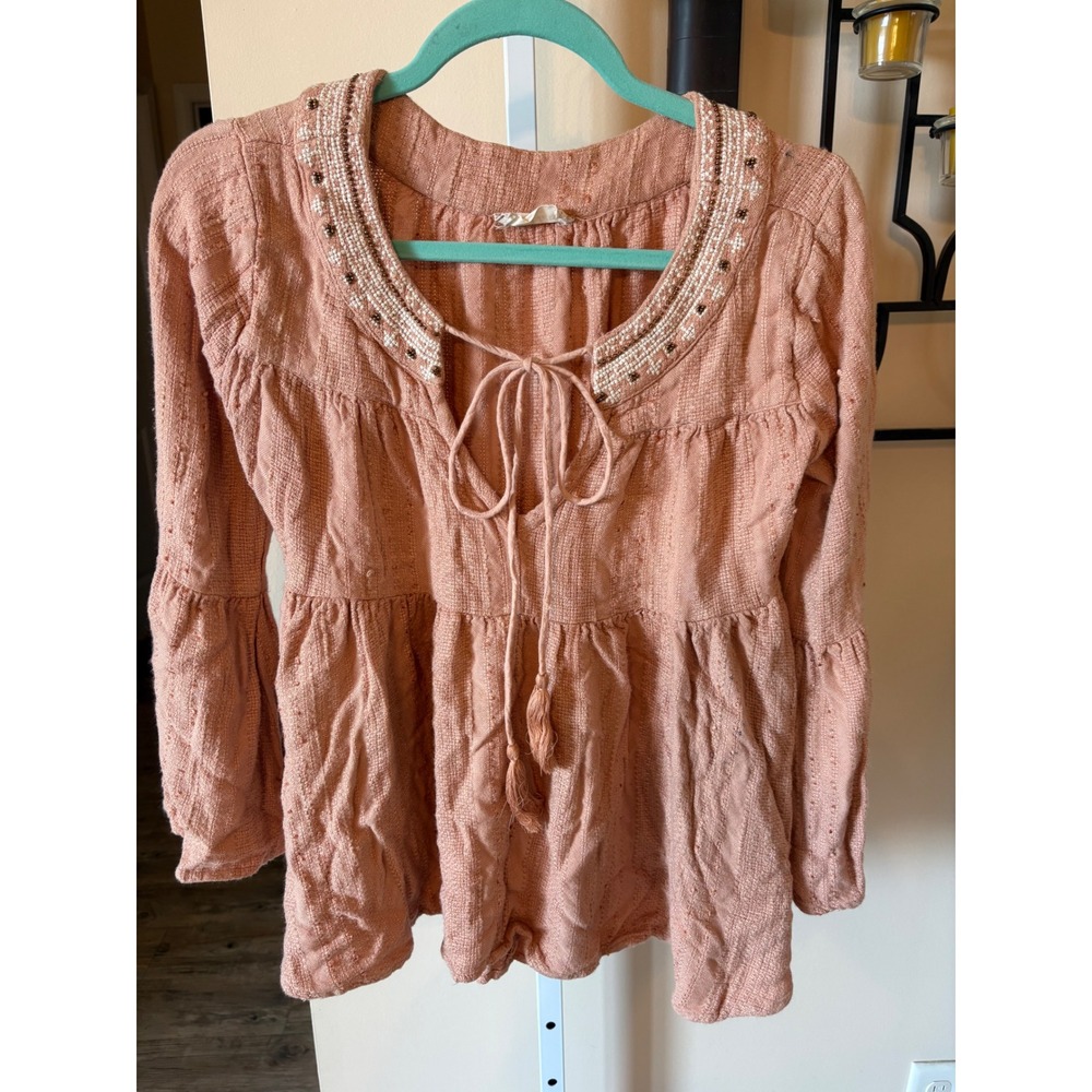 Altar'd State Boho Beaded Peasant Blouse Terracotta Bell Sleeve Top Small